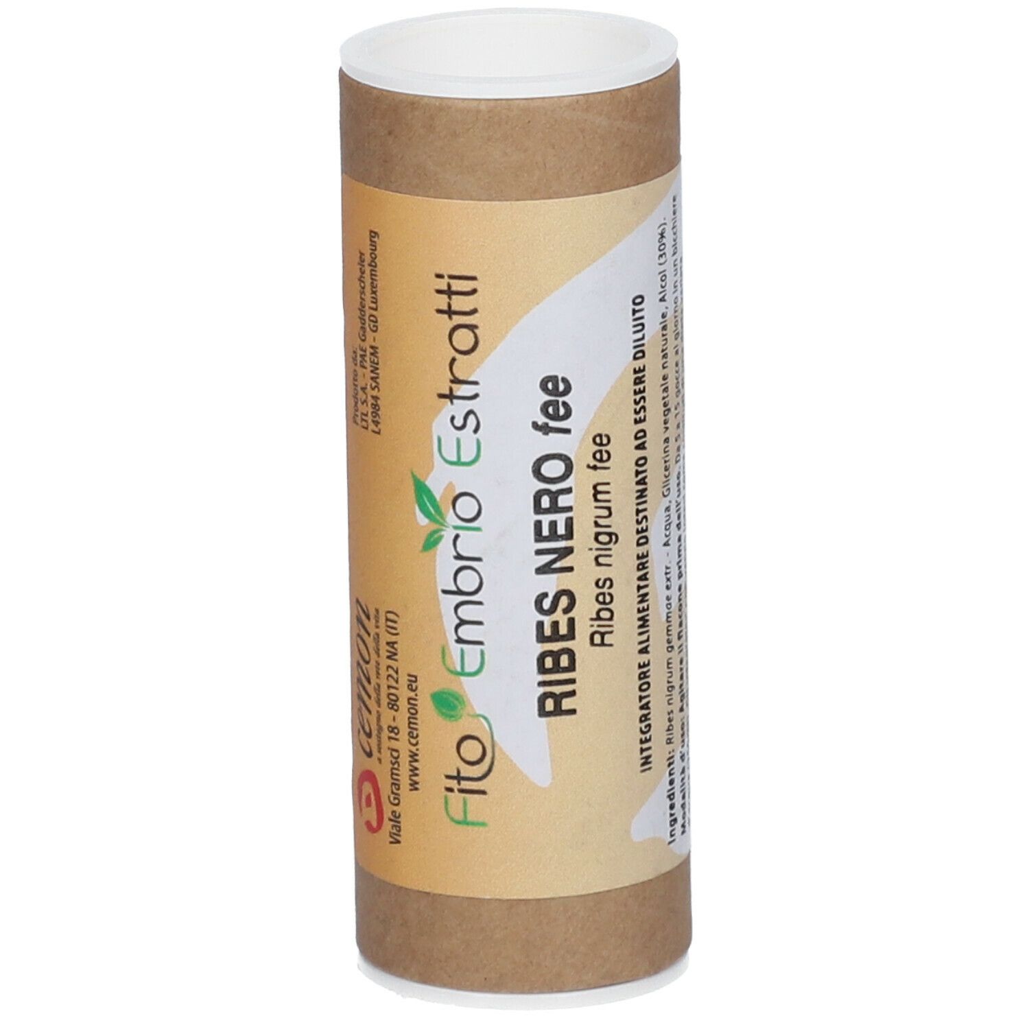 Tube en carton brun avec couvercle blanc. Le tube porte l'inscription "Fito Embrio Estratti Ribes Nero fee".