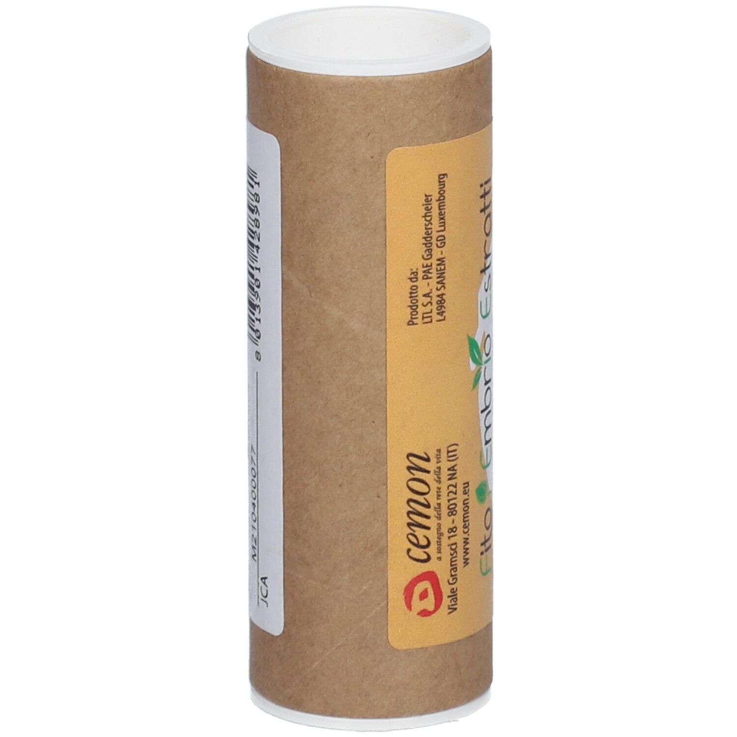 Tube en carton brun avec couvercle blanc. Le tube porte une étiquette avec un code-barres et du texte.