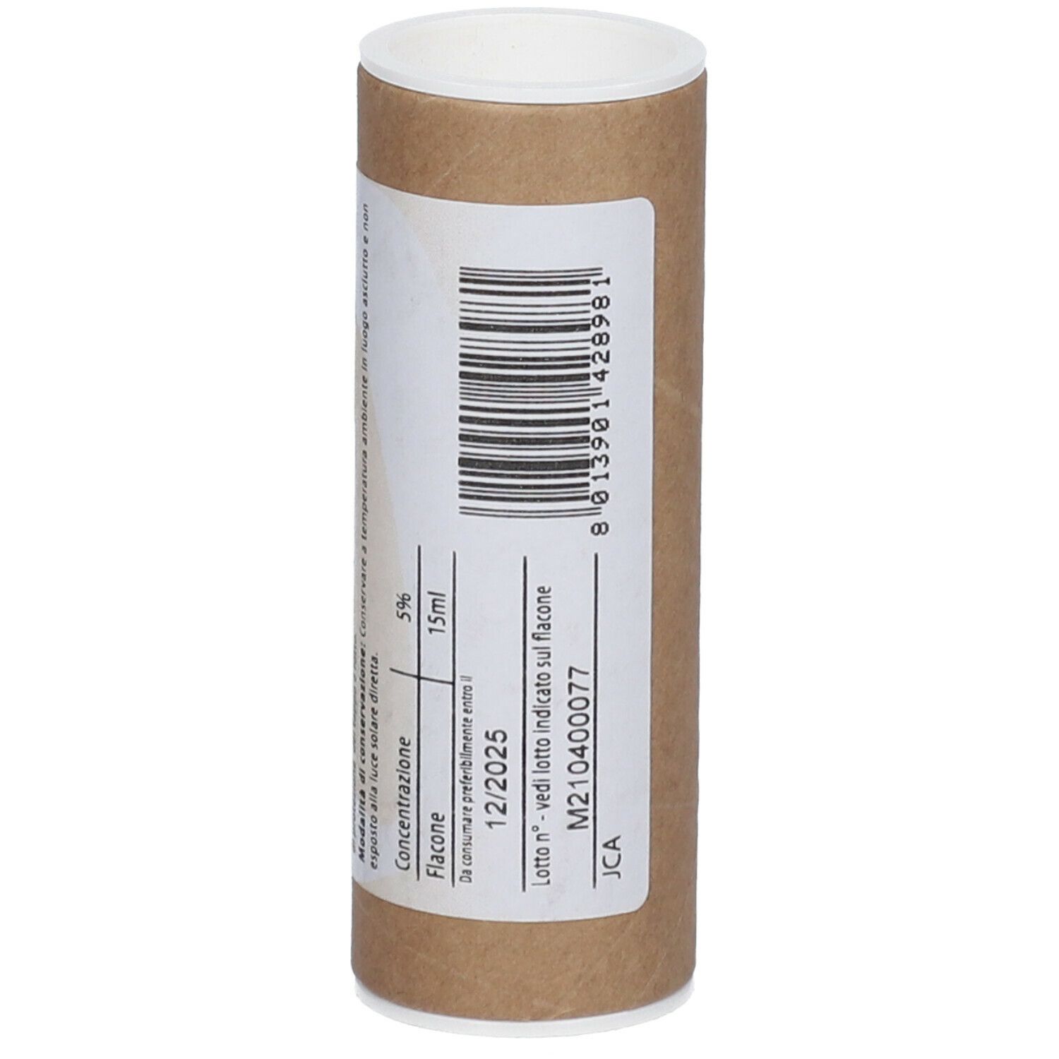 Tube en carton brun avec couvercle blanc. Le tube porte une étiquette avec du texte et un code-barres.