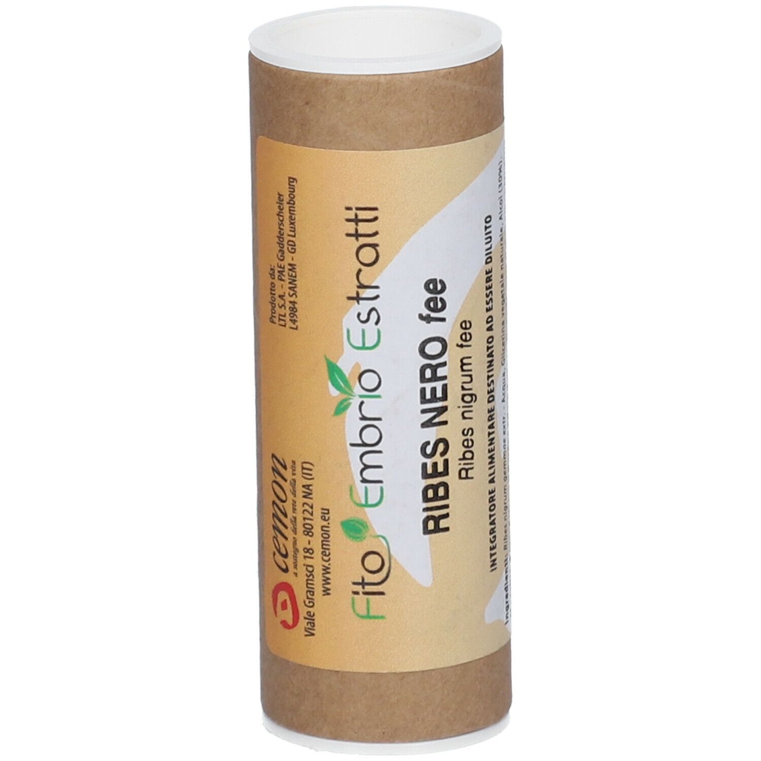 Tube en carton brun avec couvercle blanc. Le tube porte l'inscription "Fito Embrio Estratti Ribes Nero fee".
