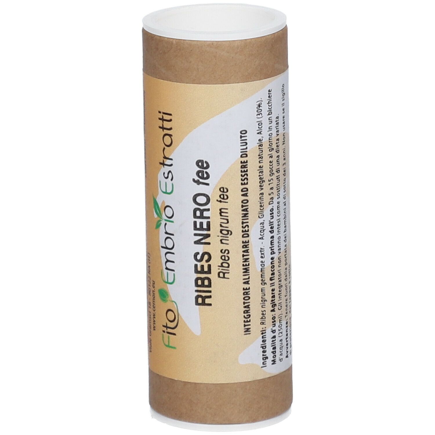 Tube en carton brun avec couvercle blanc. Le tube porte l'inscription "Fito Embrio Estratti Ribes Nero fee".