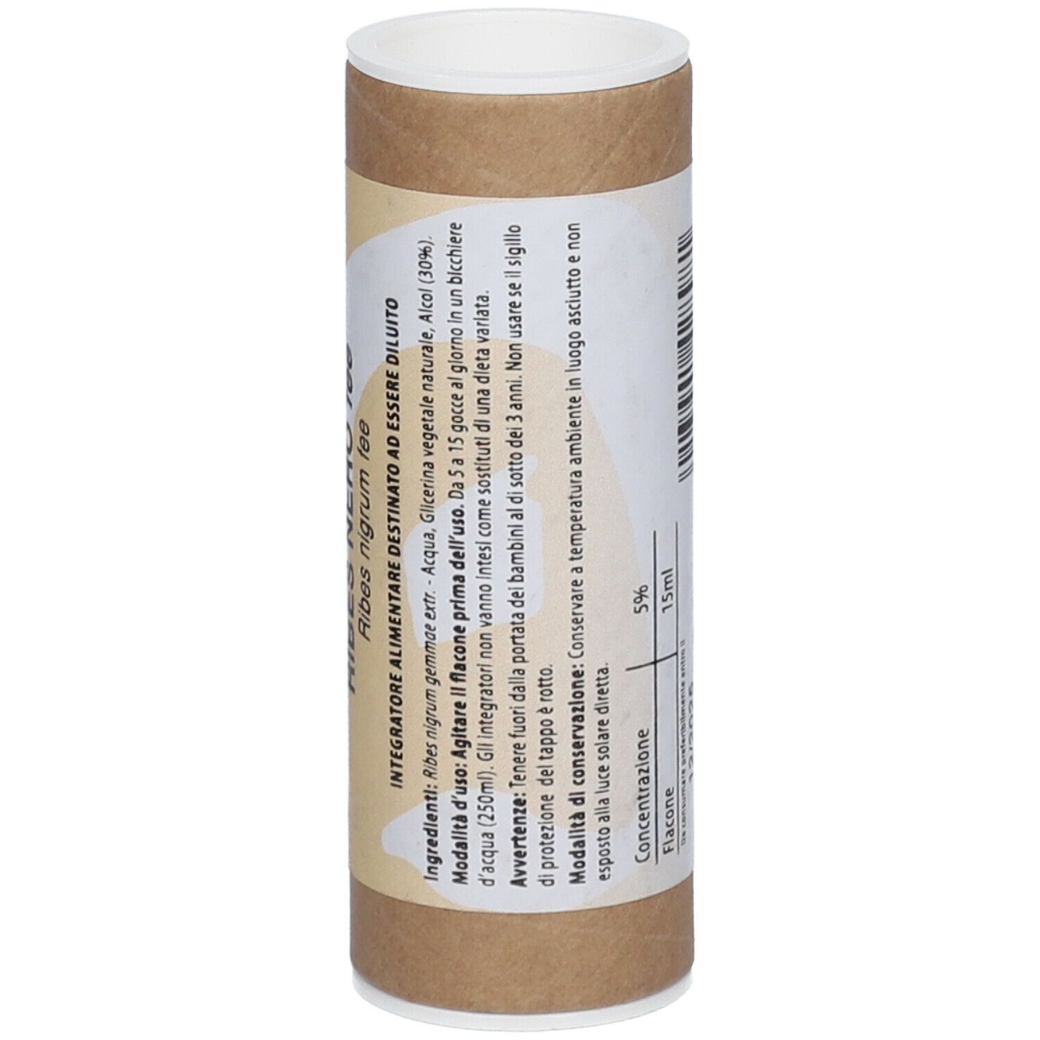 Tube en carton brun avec couvercle blanc. Le tube porte du texte avec des informations sur le produit.