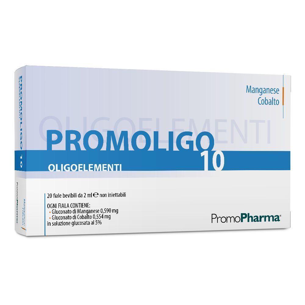 Boîte "PROMOLIGO 10 Oligoelementi". Contient 20 ampoules buvables. Inscription : "Manganèse, Cobalt". Marque : PromoPharma.