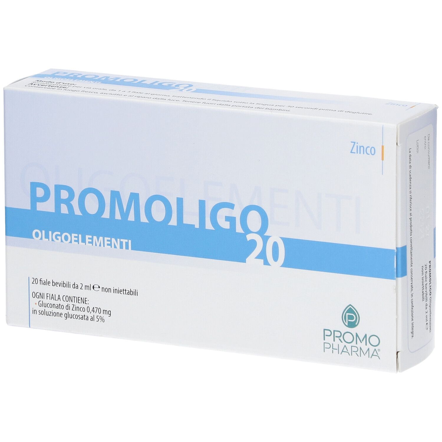 PromoPharma PROMOLIGO 20-Verpackung. Enthält 20 Fläschchen. Blaue und weiße Schachtel mit Produktnamen und Logo.