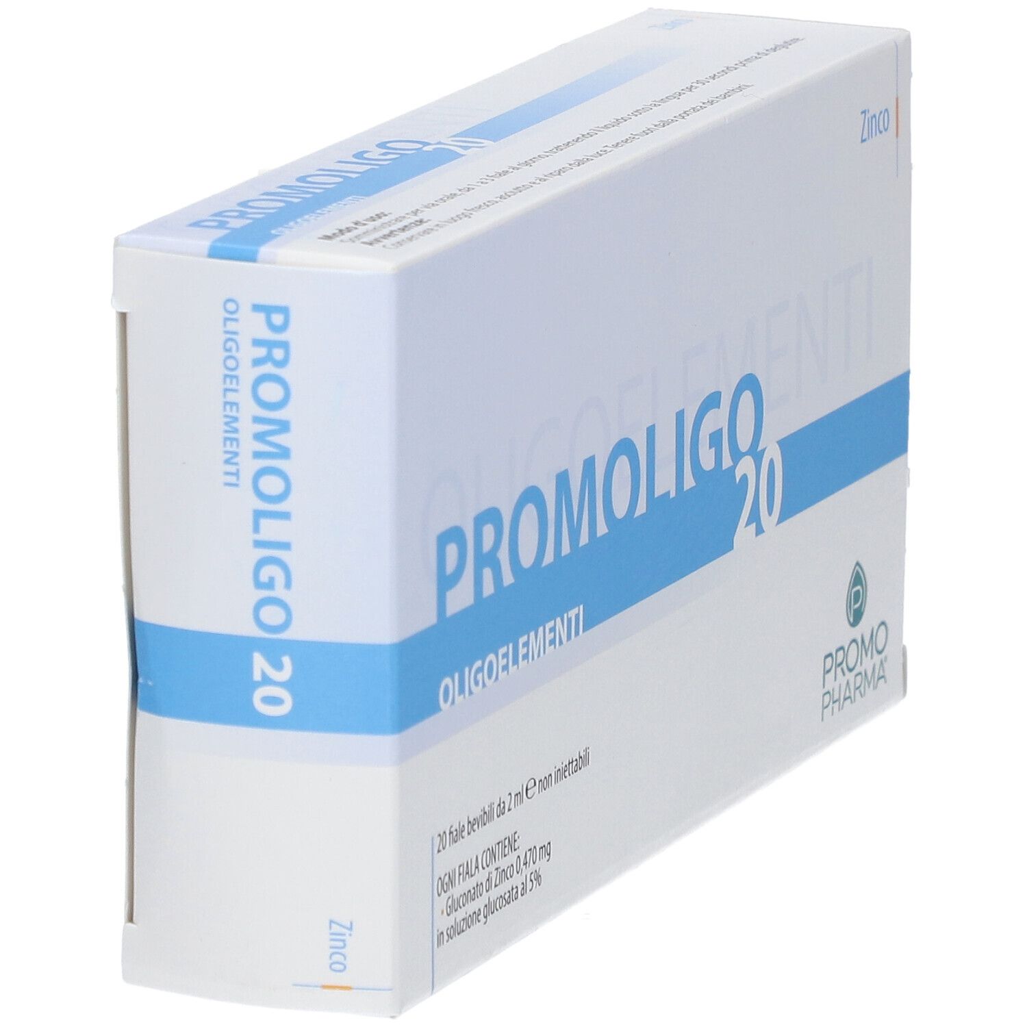 PromoPharma PROMOLIGO 20-Verpackung. Schachtel in weiß und blau mit Produktnamen und Logo. Enthält 20 Fläschchen.