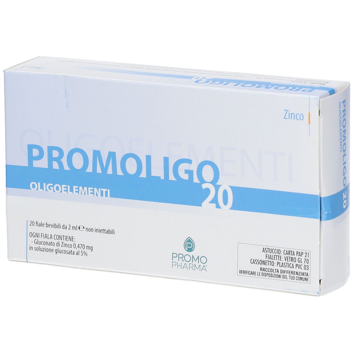 PromoPharma PROMOLIGO 20-Verpackung. Enthält 20 Fläschchen. Weiße und blaue Schachtel mit Produktnamen und Logo.