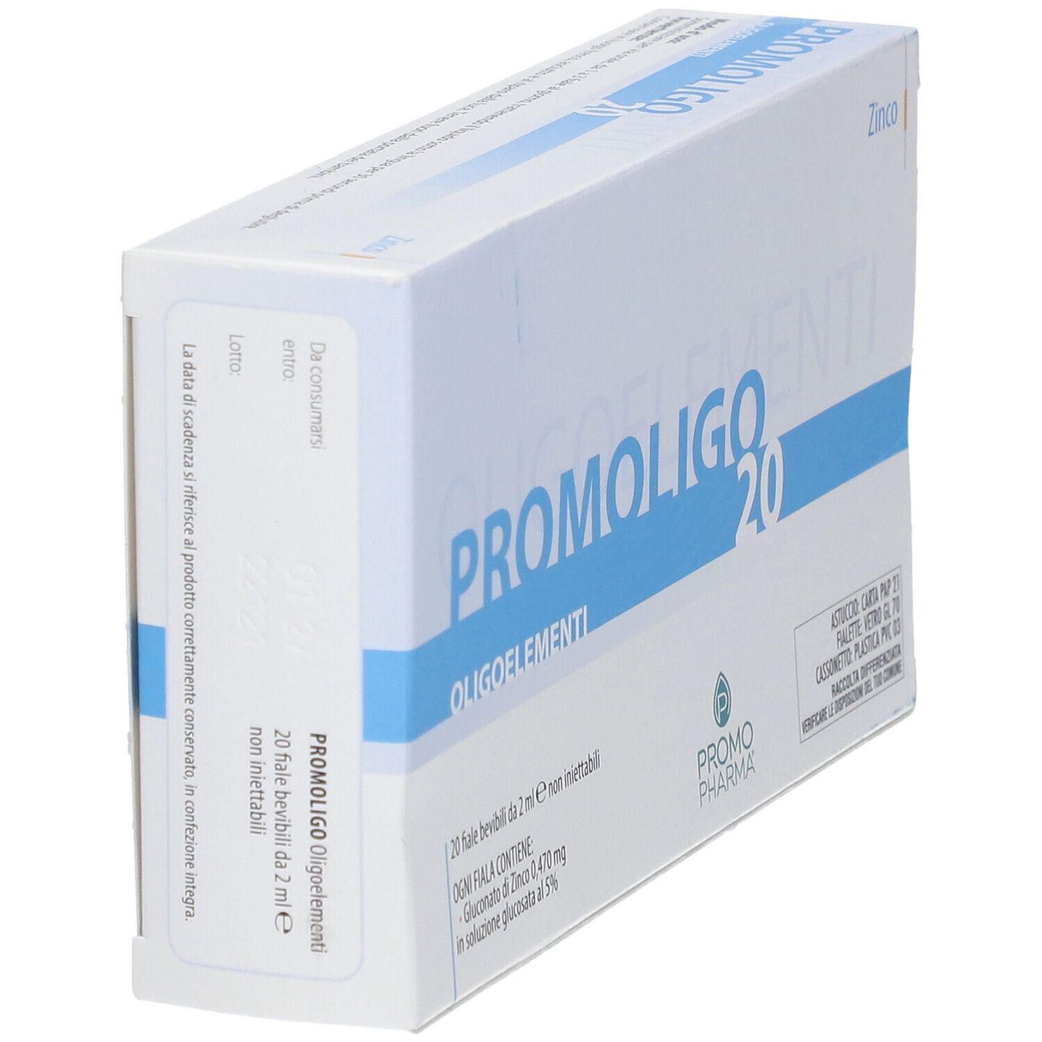 PromoPharma PROMOLIGO 20-Verpackung. Enthält 20 Fläschchen. Weiße und blaue Schachtel mit Produktnamen und Logo.