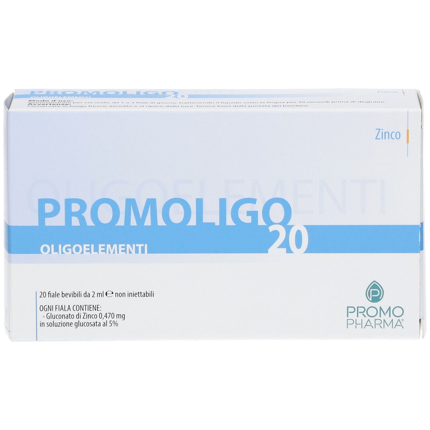 PromoPharma PROMOLIGO 20-Verpackung. Enthält 20 Fläschchen. Weiße und blaue Schachtel mit Produktnamen und Logo.