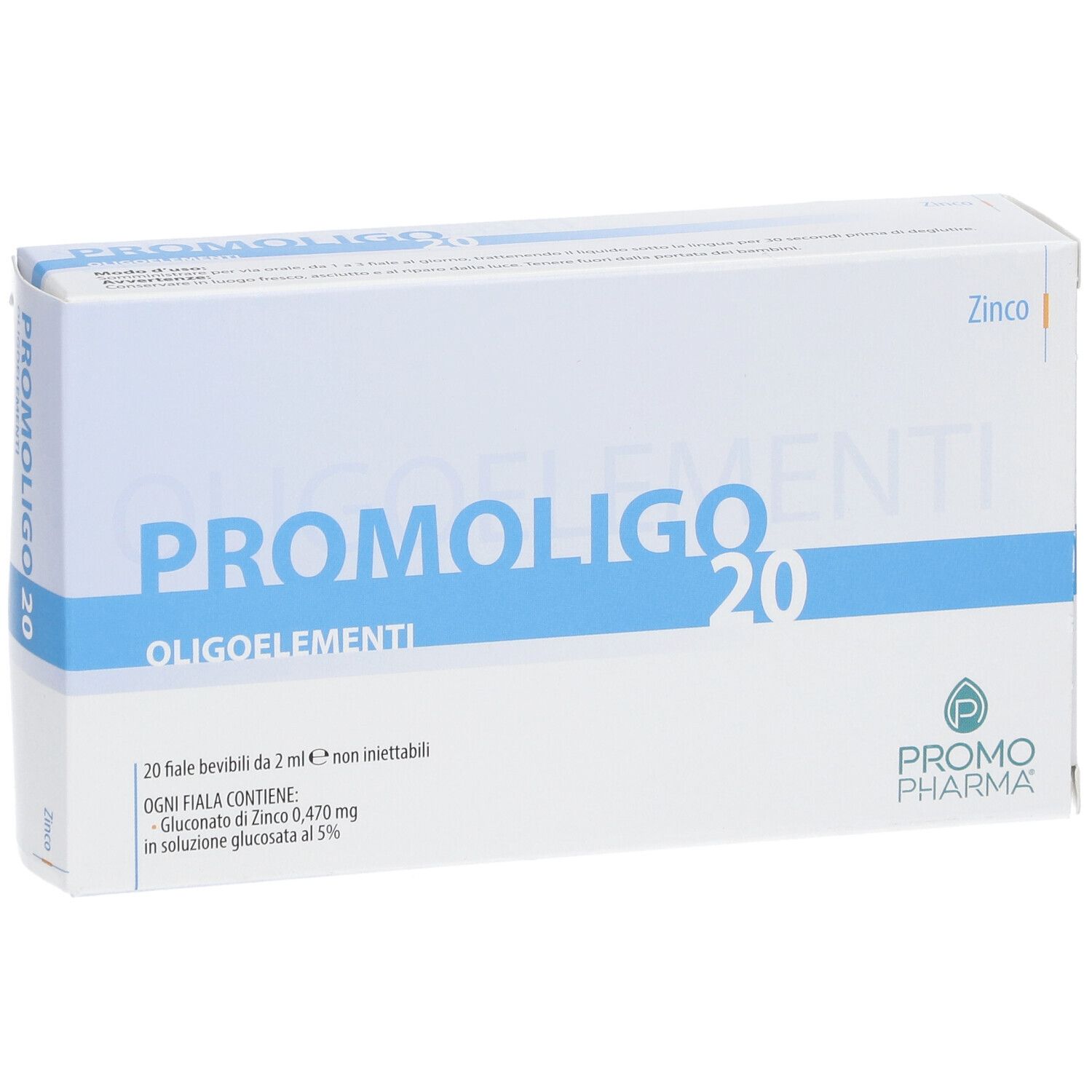 PromoPharma PROMOLIGO 20-Verpackung. Enthält 20 Fläschchen. Weiße und blaue Schachtel mit Produktnamen und Logo.
