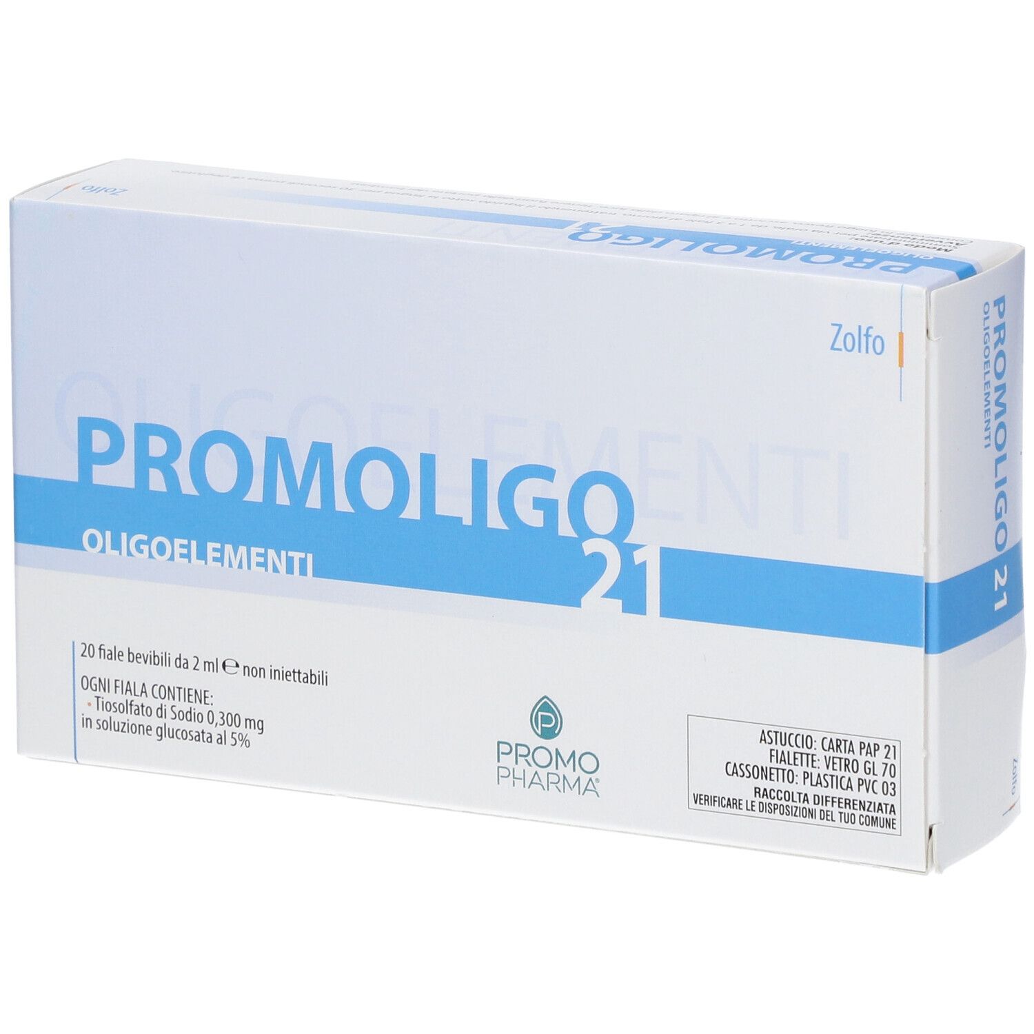 Boîte d'oligo-éléments. Boîte blanche et bleue avec nom du produit et logo.