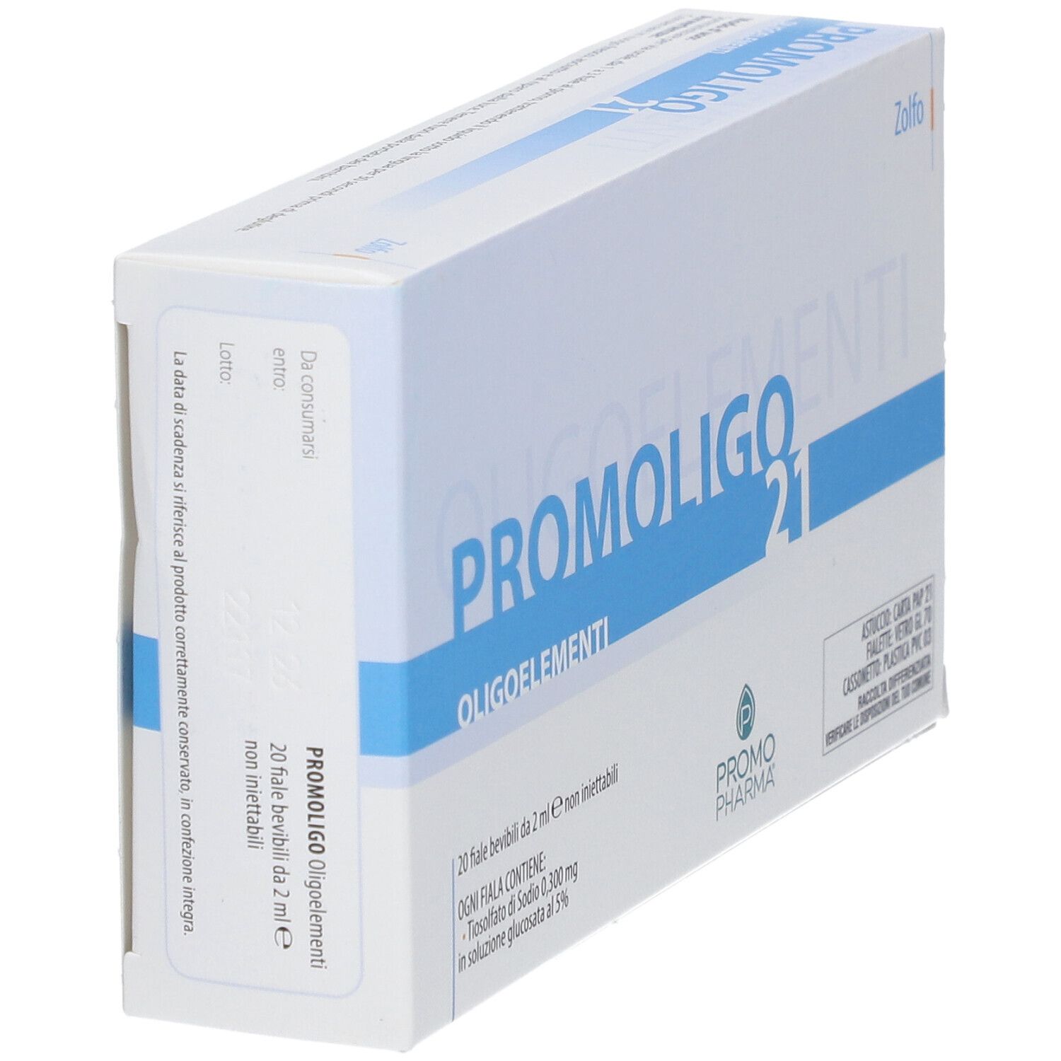 Boîte d'oligo-éléments en biais. Boîte blanche et bleue avec nom du produit et logo.