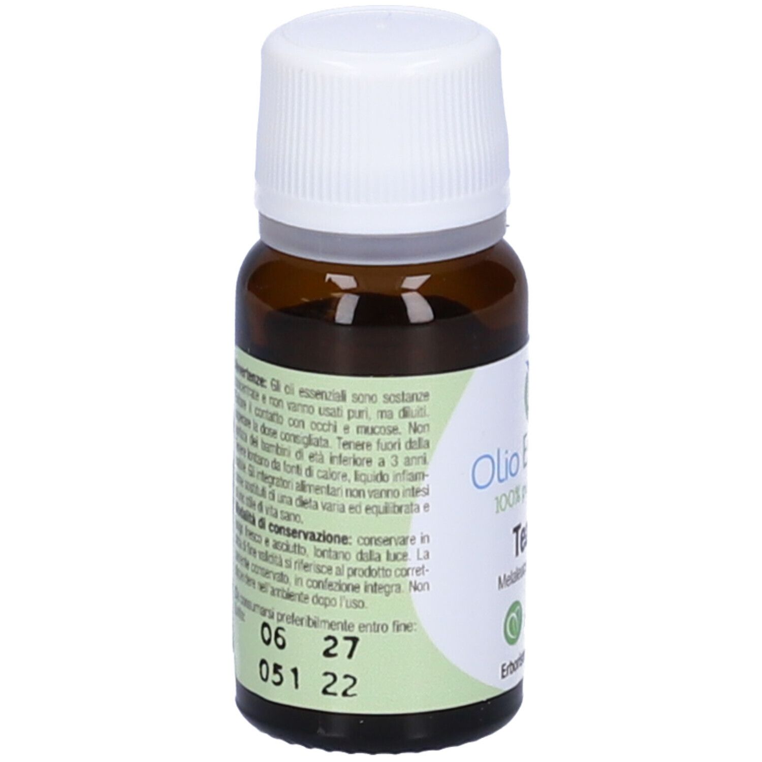 Flacon en verre brun avec bouchon blanc et étiquette. Inscription : Olio Essenziale Tea Tree. Marque : Erboristeria Magentina.