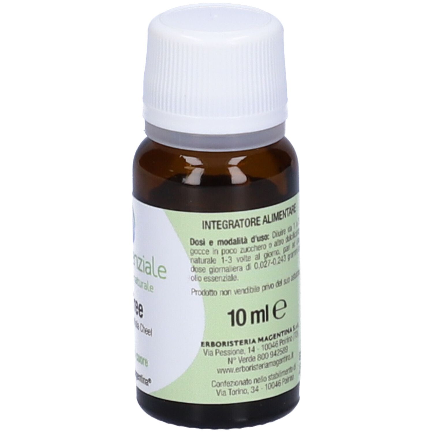 Flacon en verre brun avec bouchon blanc et étiquette. Inscription : Olio Essenziale Tea Tree. 10 ml.