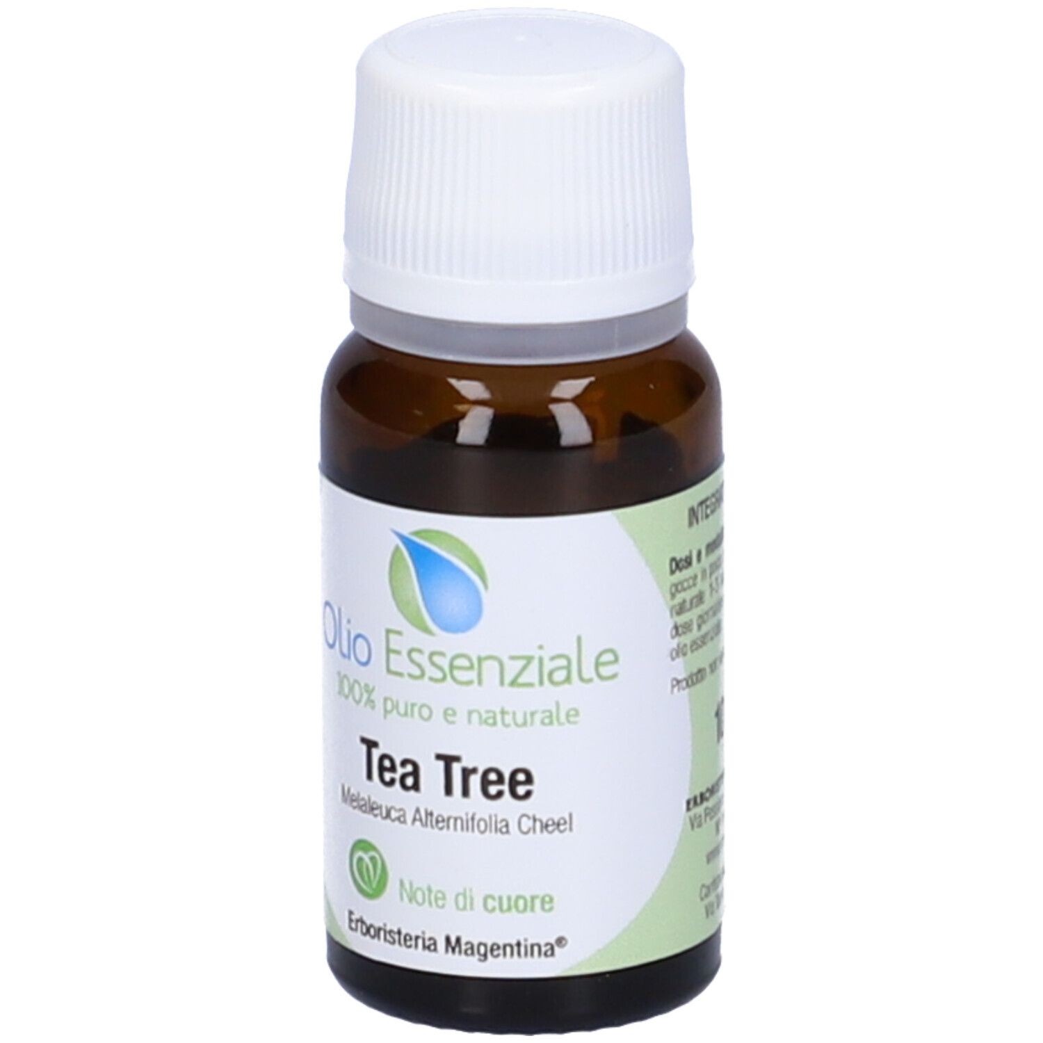 Flacon en verre brun avec bouchon blanc et étiquette. Inscription : Olio Essenziale Tea Tree. Marque : Erboristeria Magentina.