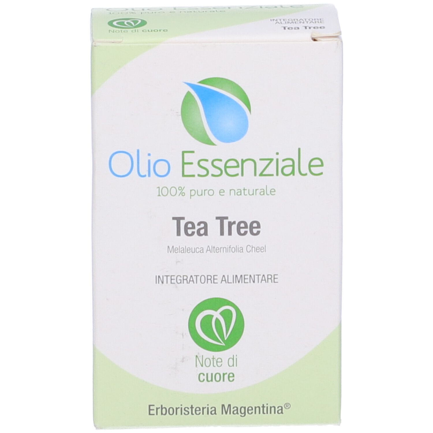 Boîte blanche avec informations produit. Inscription : Olio Essenziale Tea Tree. Marque : Erboristeria Magentina.