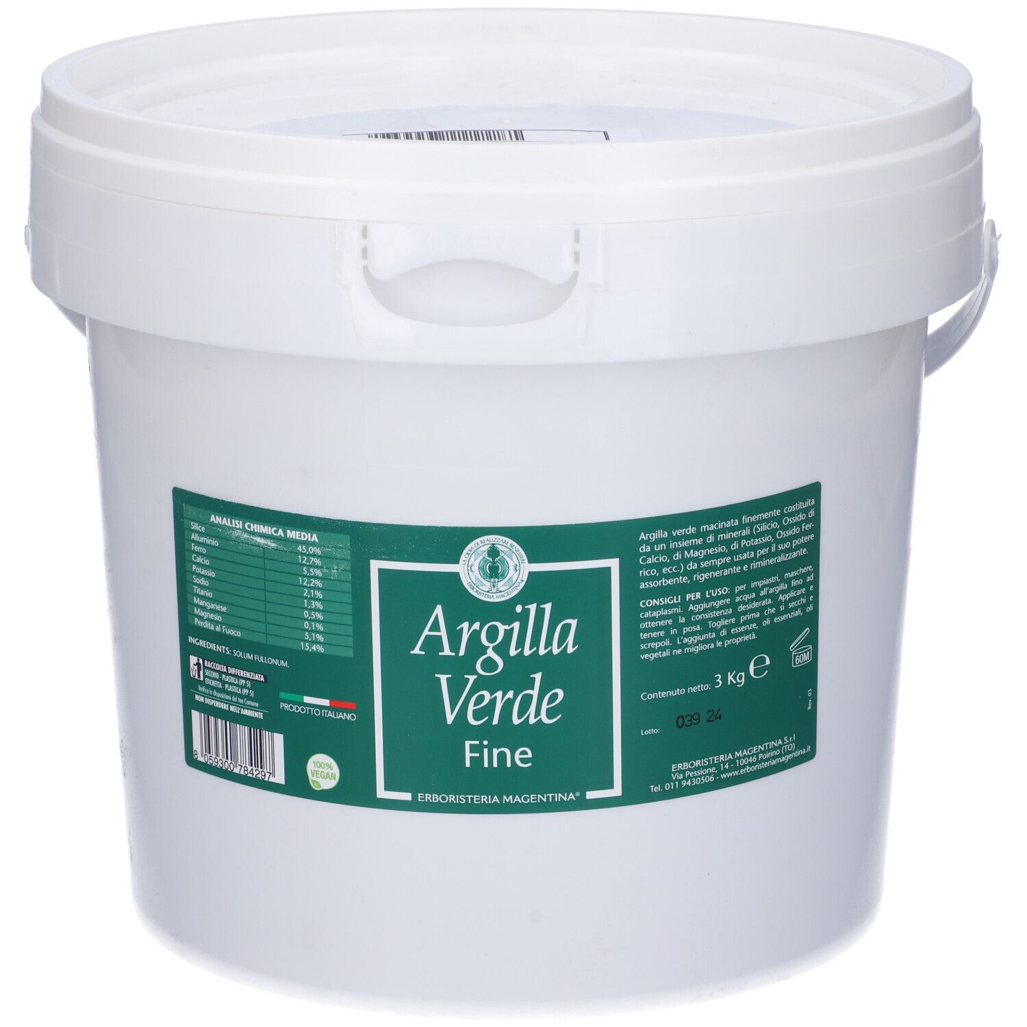 Weißer Eimer mit grünem Etikett. Auf dem Etikett steht "Argilla Verde Fine 3 Kg".
