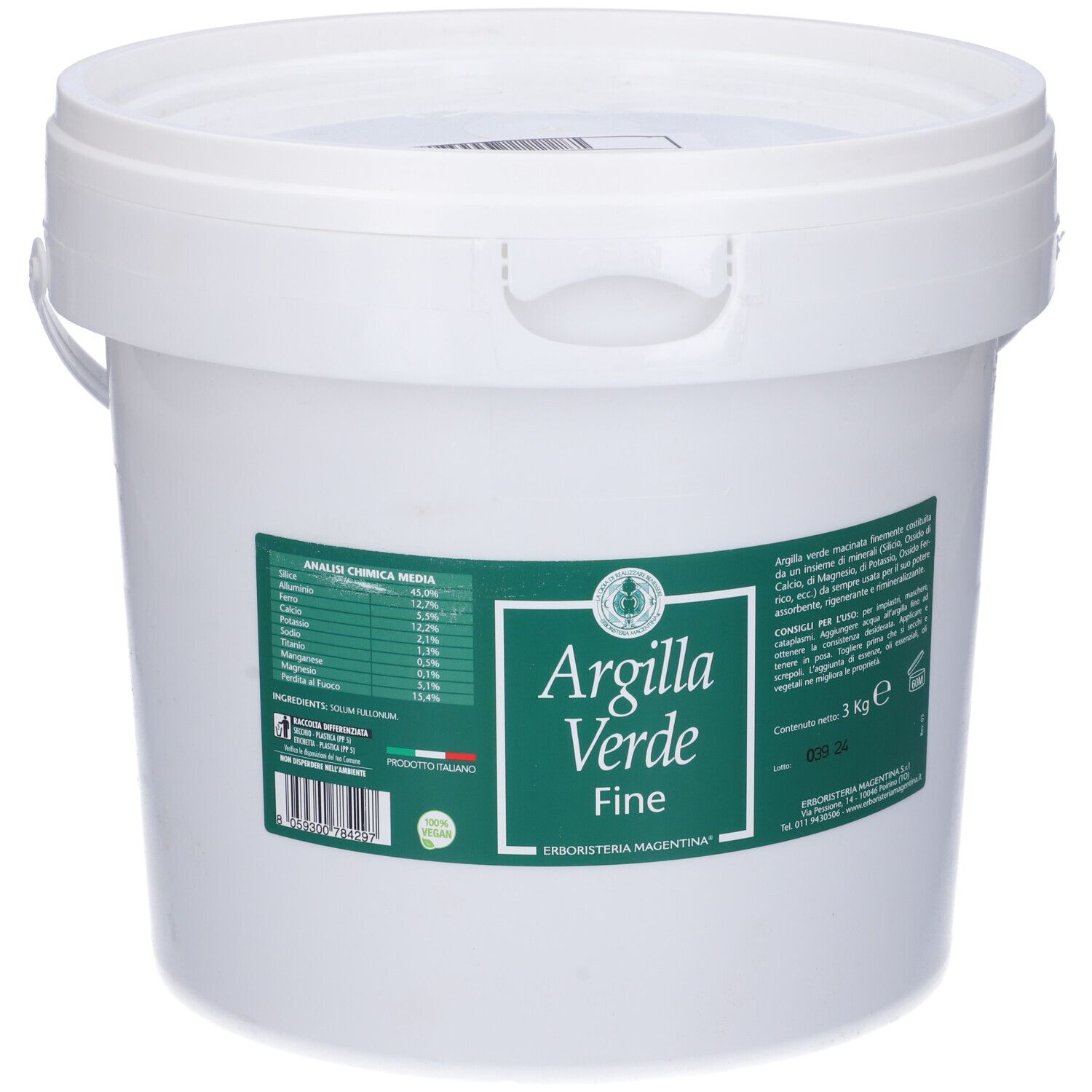 Weißer Eimer mit grünem Etikett. Auf dem Etikett steht "Argilla Verde Fine 3 Kg".