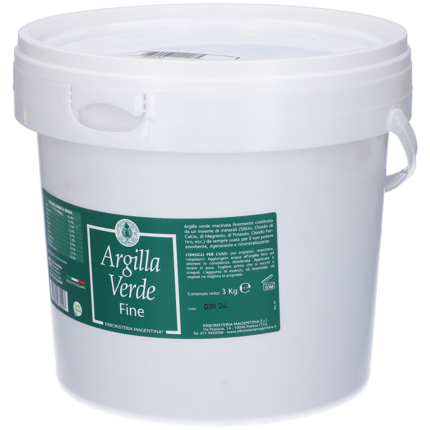 Weißer Eimer mit grünem Etikett. Auf dem Etikett steht "Argilla Verde Fine 3 Kg".