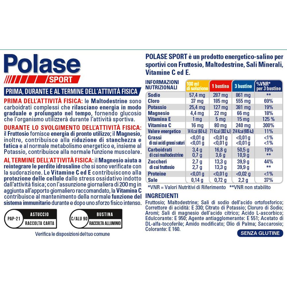 Informationstabelle von Polase Sport. Nährwertangaben pro Portion. Text in Italienisch.