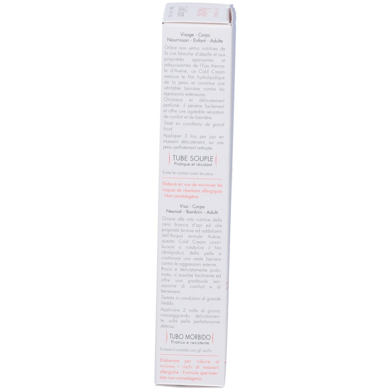 Seitenansicht der Avène Cold Cream Faltschachtel mit Anwendungshinweisen.