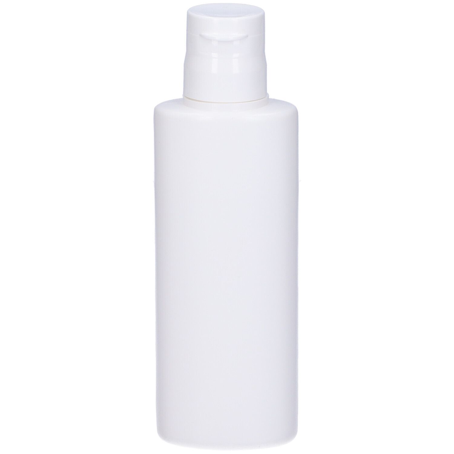 Flacon cylindrique blanc avec bouchon rabattable. Aucune désignation de produit visible.