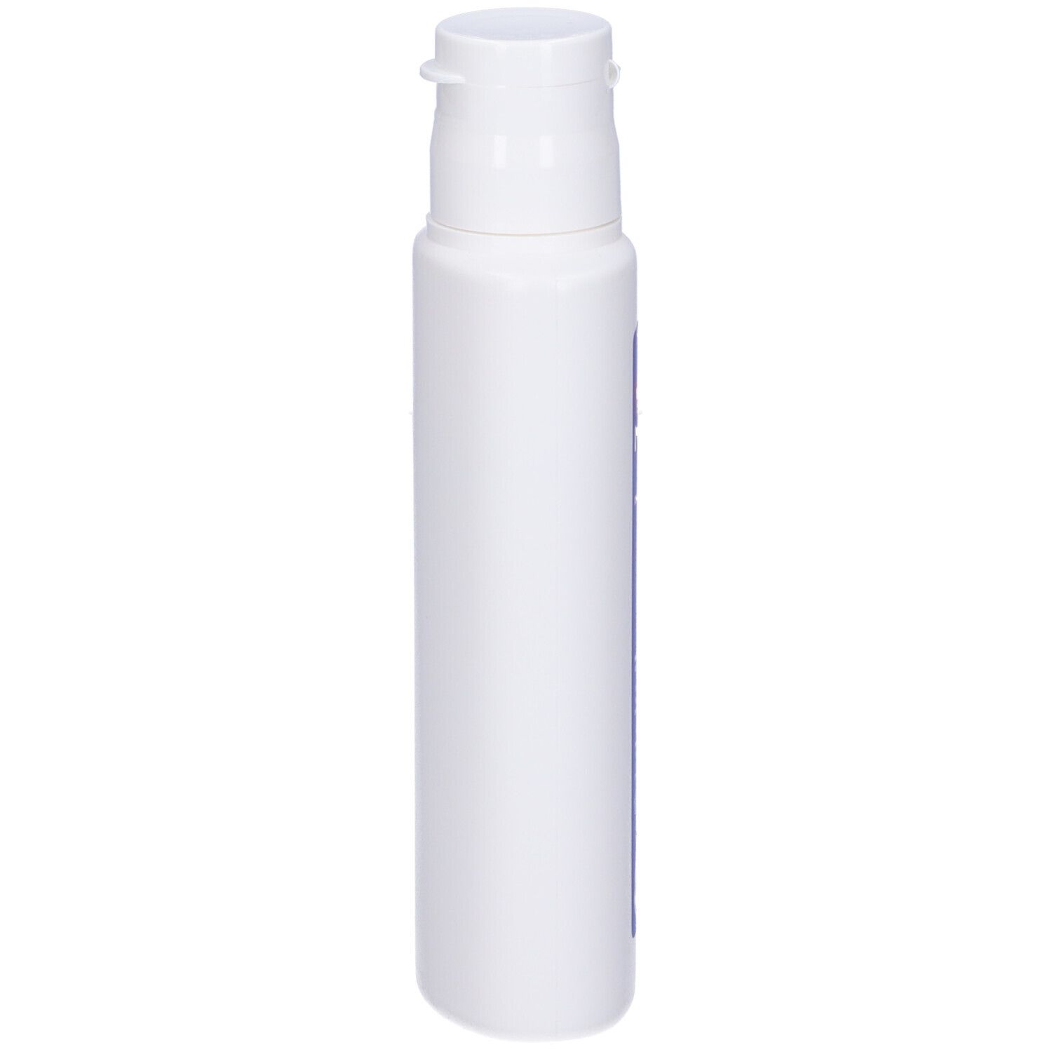 Flacon blanc avec bouchon rabattable. Aucune désignation de produit visible.