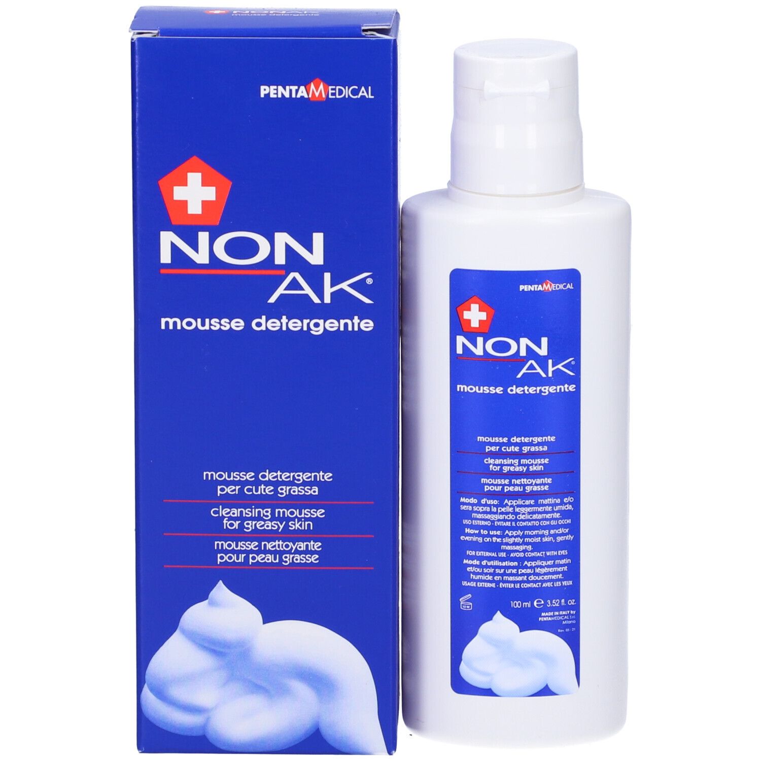Flacon et boîte blancs. Inscription NONAK mousse detergente. Marque PENTA MEDICAL. Accents bleus.