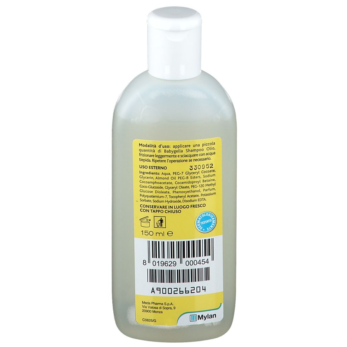 Babygella Ölschampoo, Rückseite. Gelbes Etikett mit Text und Inhaltsstoffen. Weiße Flasche. Mylan Logo. Barcode.