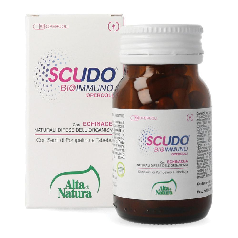 Flacon en verre brun avec bouchon blanc et gélules, à côté d'une boîte blanche. Marque: Alta Natura. Contient des informations sur le produit.
