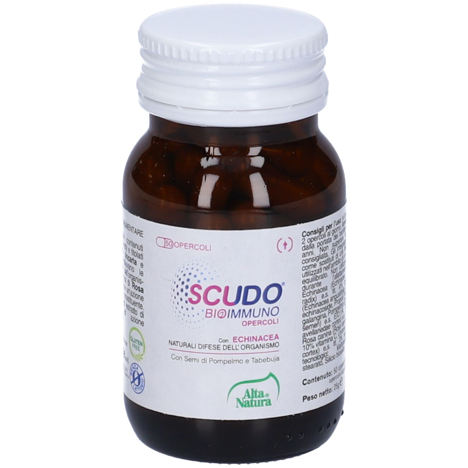 Flacon en verre brun avec bouchon blanc et gélules. Inscription: Scudo Bioimmuno Opercoli. Marque: Alta Natura. Contient 50 gélules.