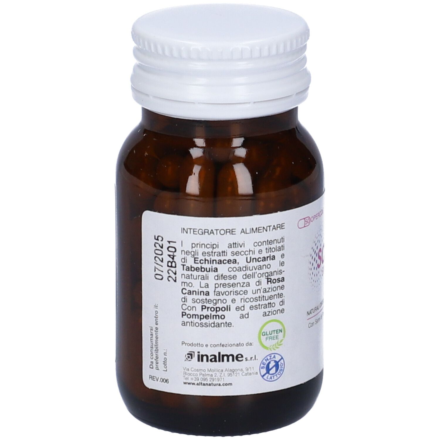 Flacon en verre brun avec bouchon blanc et gélules. Dos avec informations produit et date d'expiration 07/2025. Sans gluten.