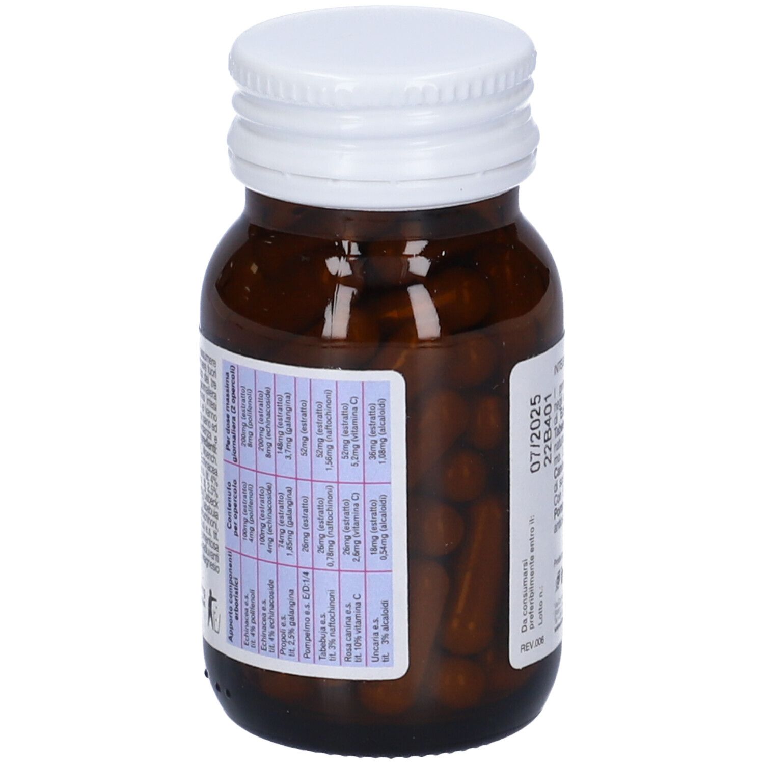 Flacon en verre brun avec bouchon blanc et gélules. Dos avec liste des ingrédients. Contient vitamine C, magnésium et autres ingrédients.