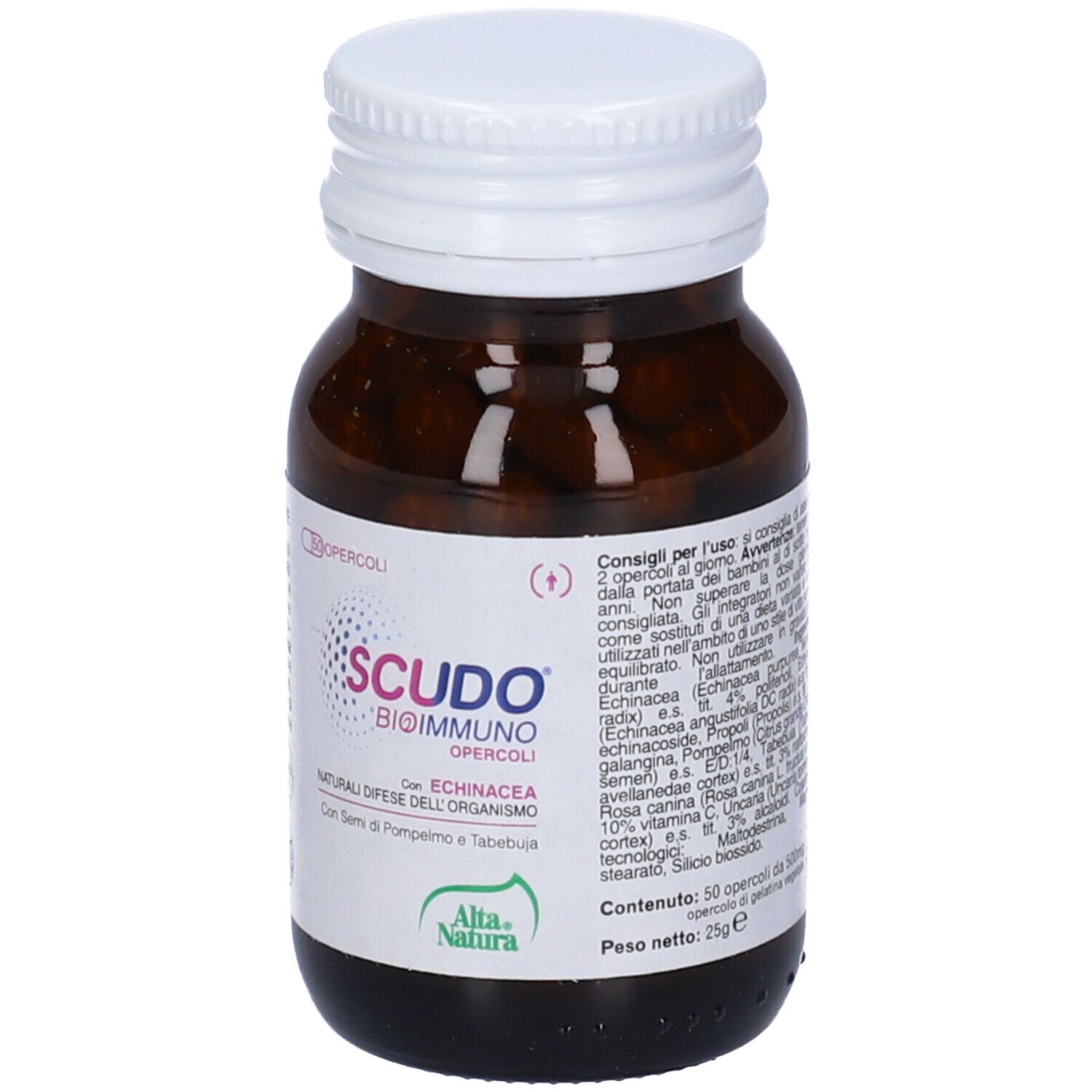 Flacon en verre brun avec bouchon blanc et gélules. Inscription: Scudo Bioimmuno Opercoli. Marque: Alta Natura. Contient 50 gélules.