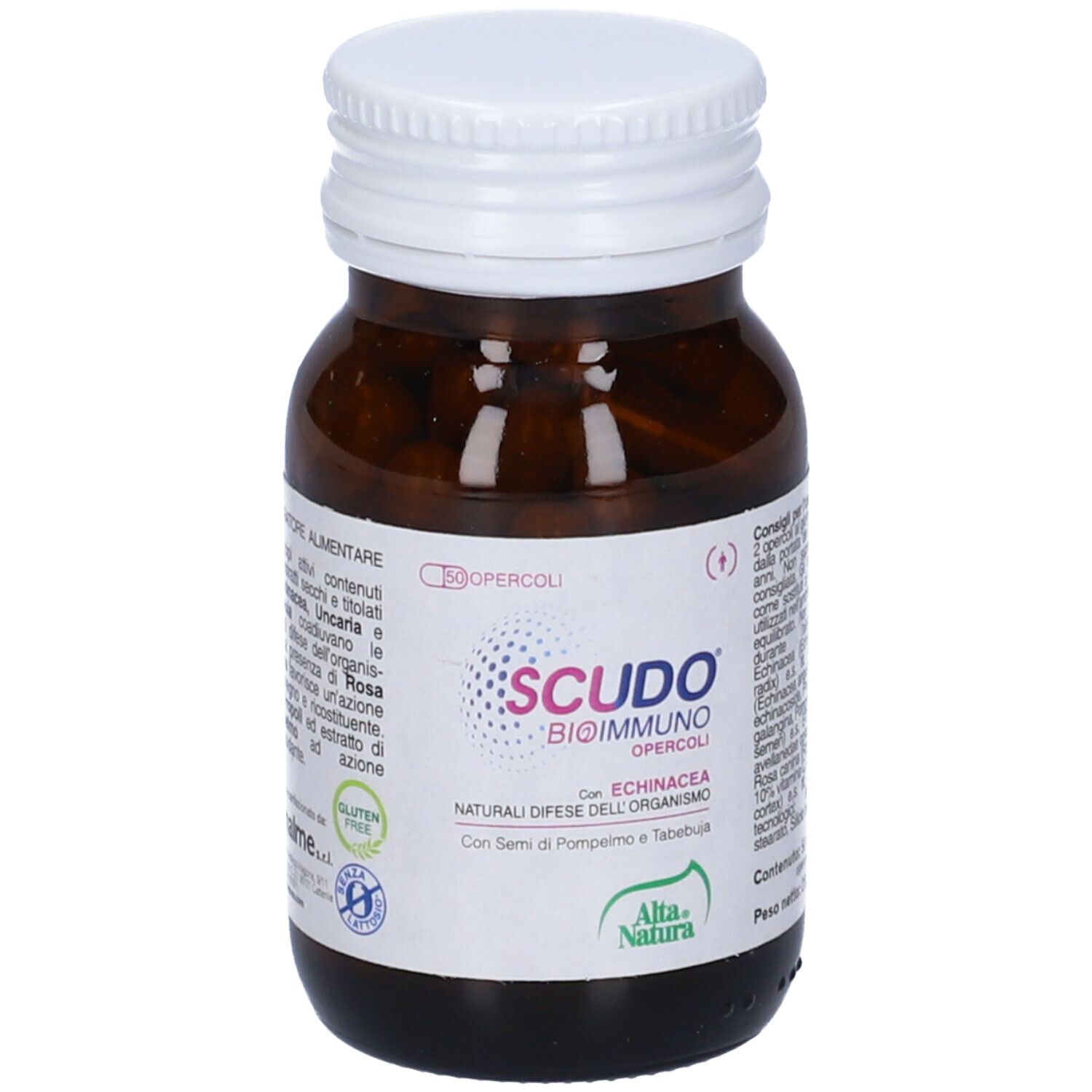 Flacon en verre brun avec bouchon blanc et gélules. Inscription: Scudo Bioimmuno Opercoli. Marque: Alta Natura. Contient 50 gélules.