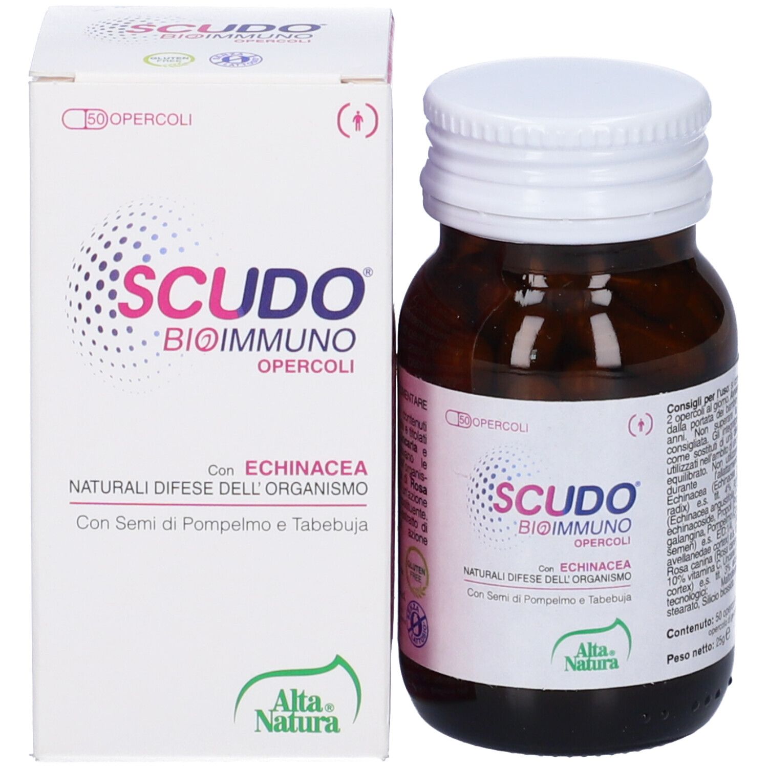 Flacon en verre brun avec bouchon blanc et gélules, à côté d'une boîte blanche. Inscription: Scudo Bioimmuno Opercoli. Marque: Alta Natura.