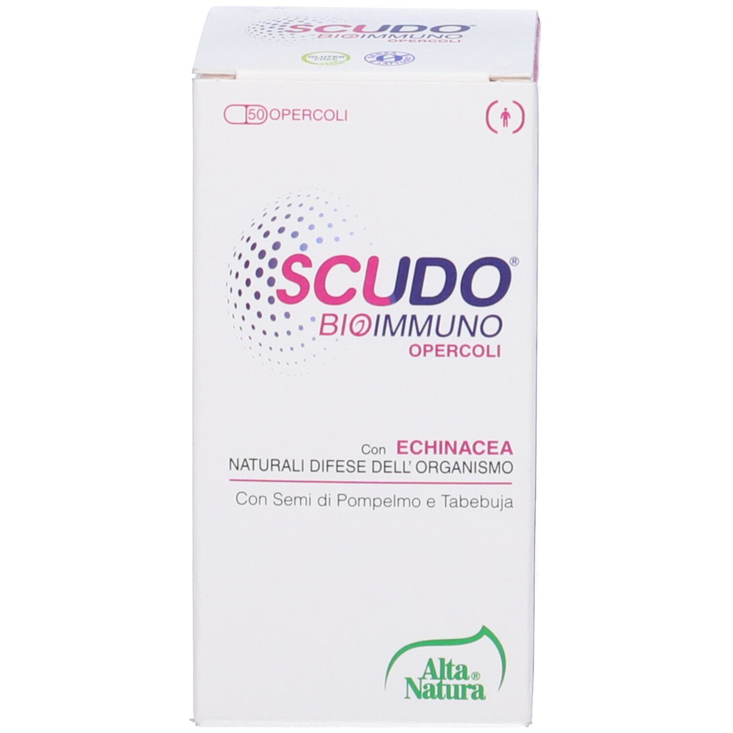 Boîte blanche avec informations sur le produit. Inscription: Scudo Bioimmuno Opercoli. Marque: Alta Natura. Contient 50 gélules.