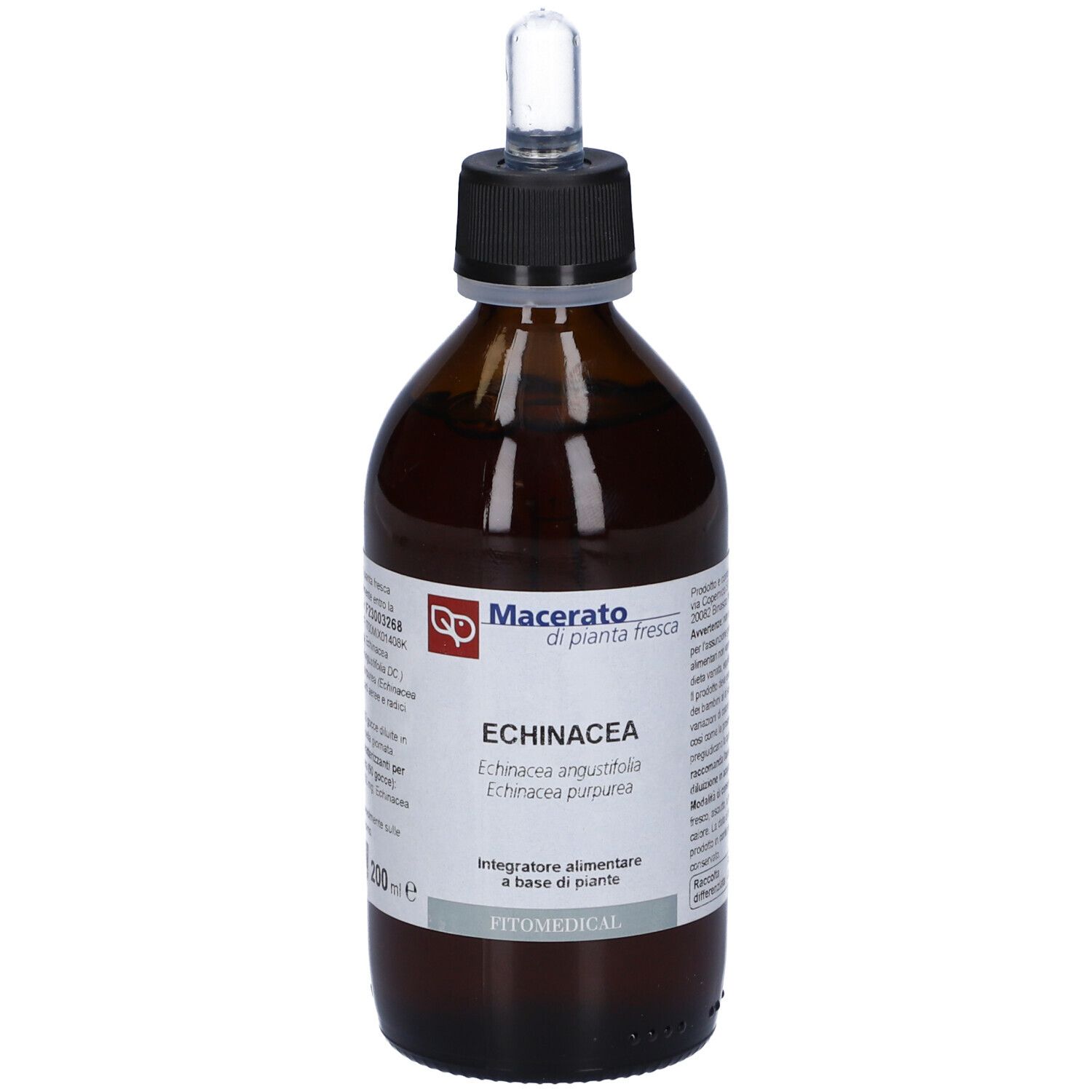 Flacon en verre brun avec bouchon noir et pipette. Inscription : Echinacea, Macerato di pianta fresca.