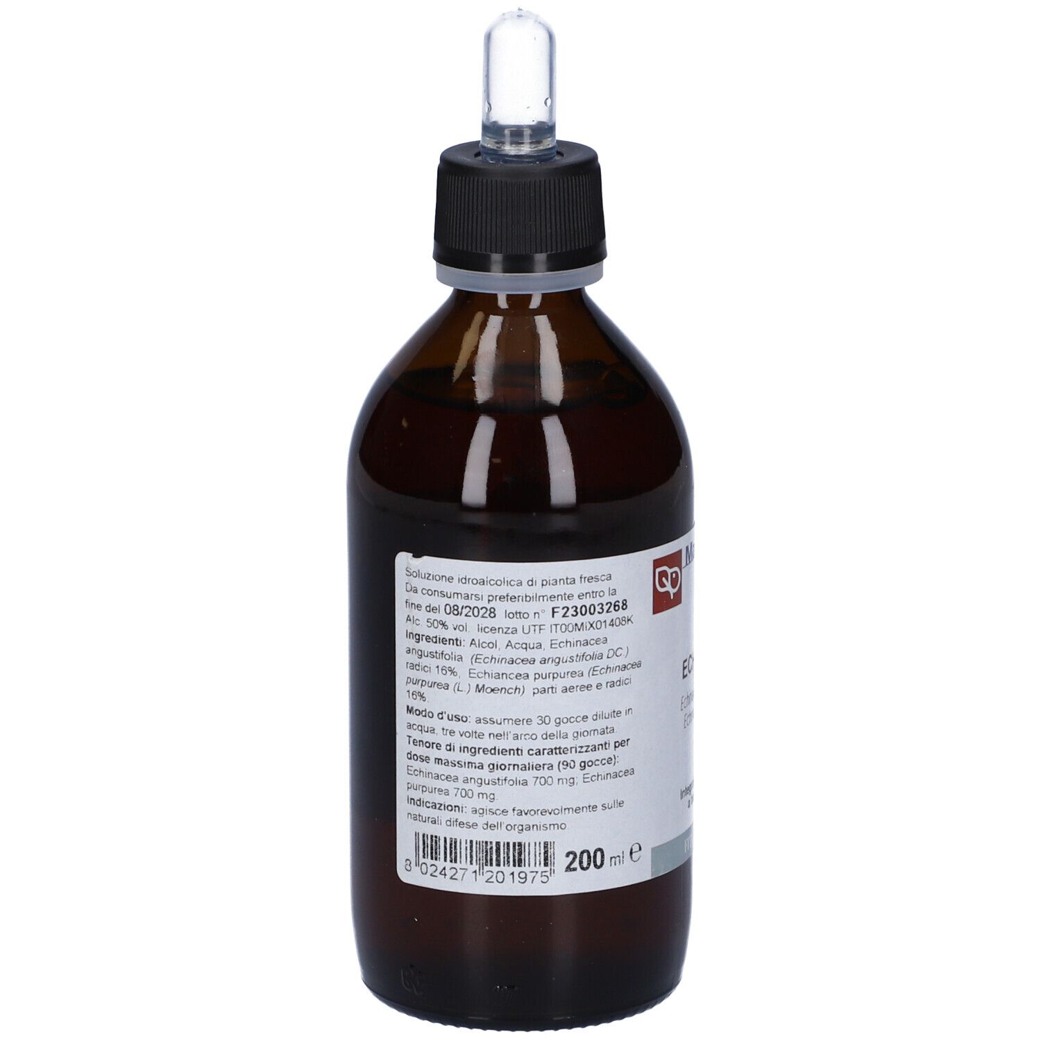 Flacon en verre brun avec bouchon noir et pipette. Étiquette avec texte et ingrédients.