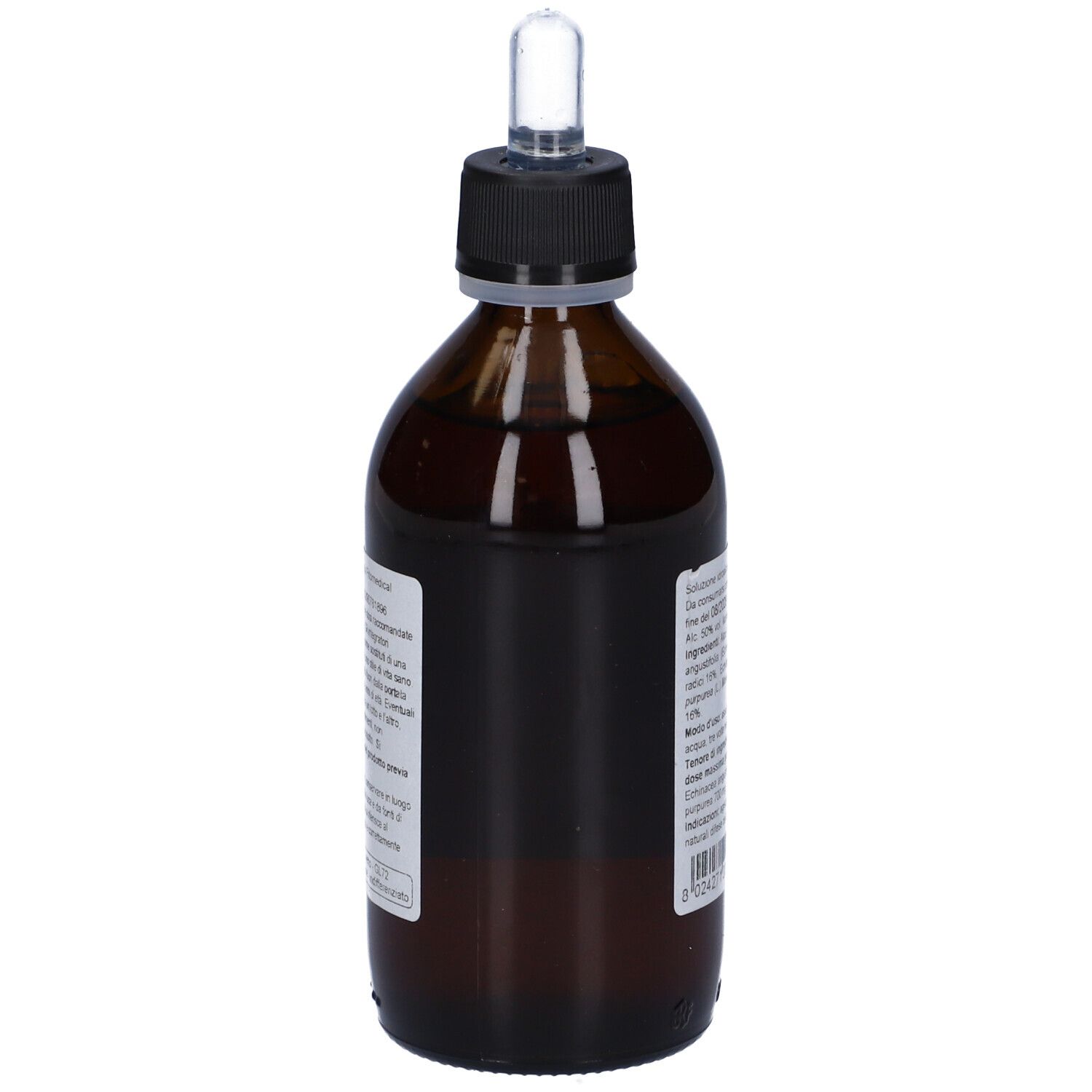 Flacon en verre brun avec bouchon noir et pipette. Étiquette avec texte.