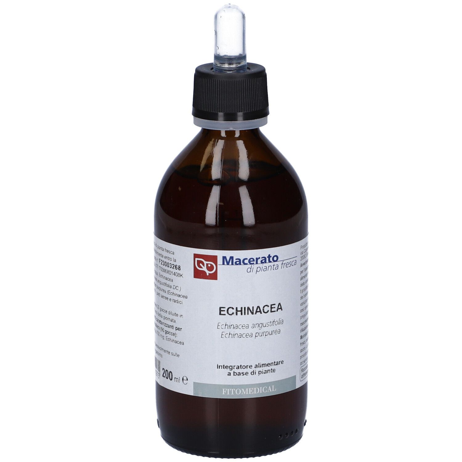 Flacon en verre brun avec bouchon noir et pipette. Inscription : Echinacea, Macerato di pianta fresca.