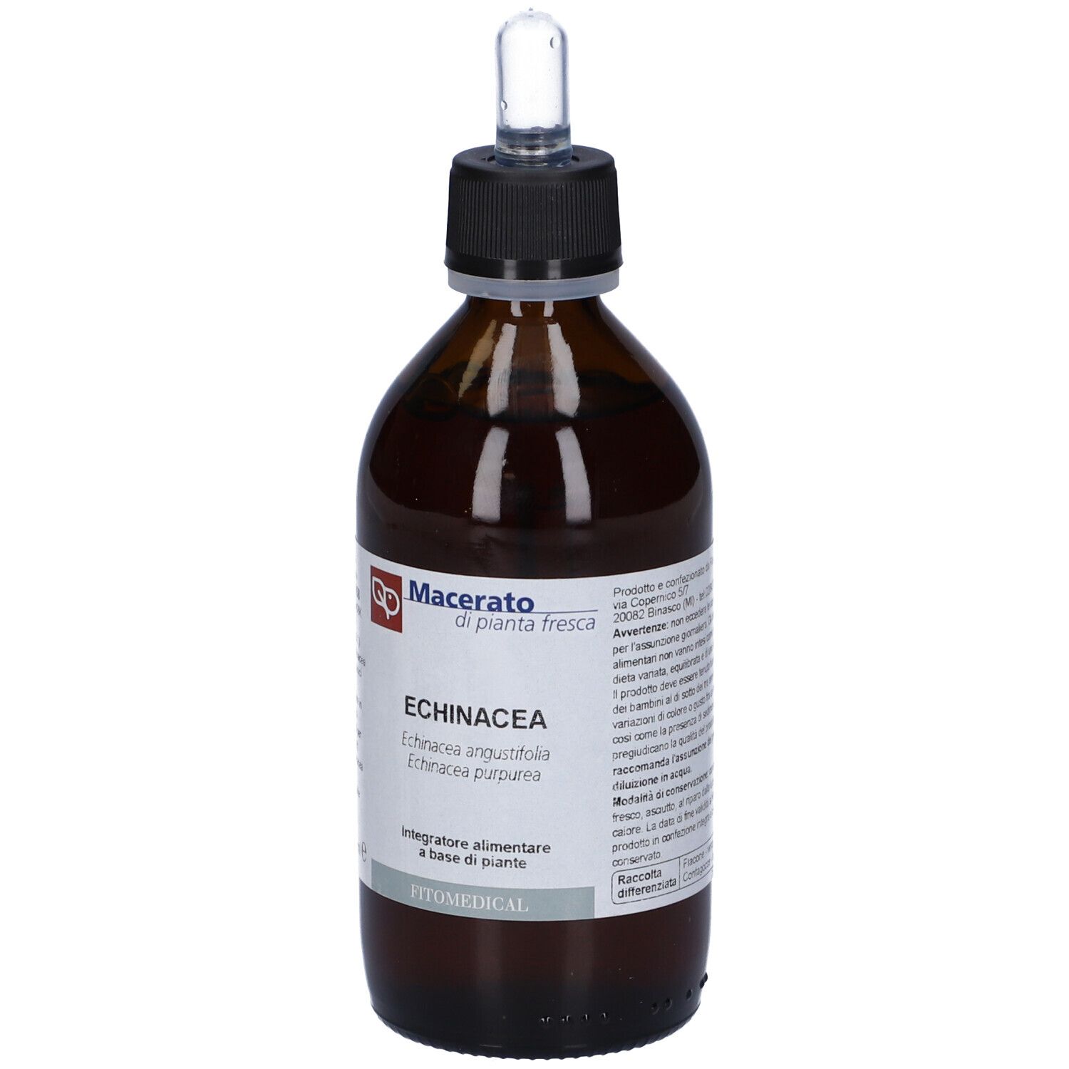 Flacon en verre brun avec bouchon noir et pipette. Inscription : Echinacea, Macerato di pianta fresca.