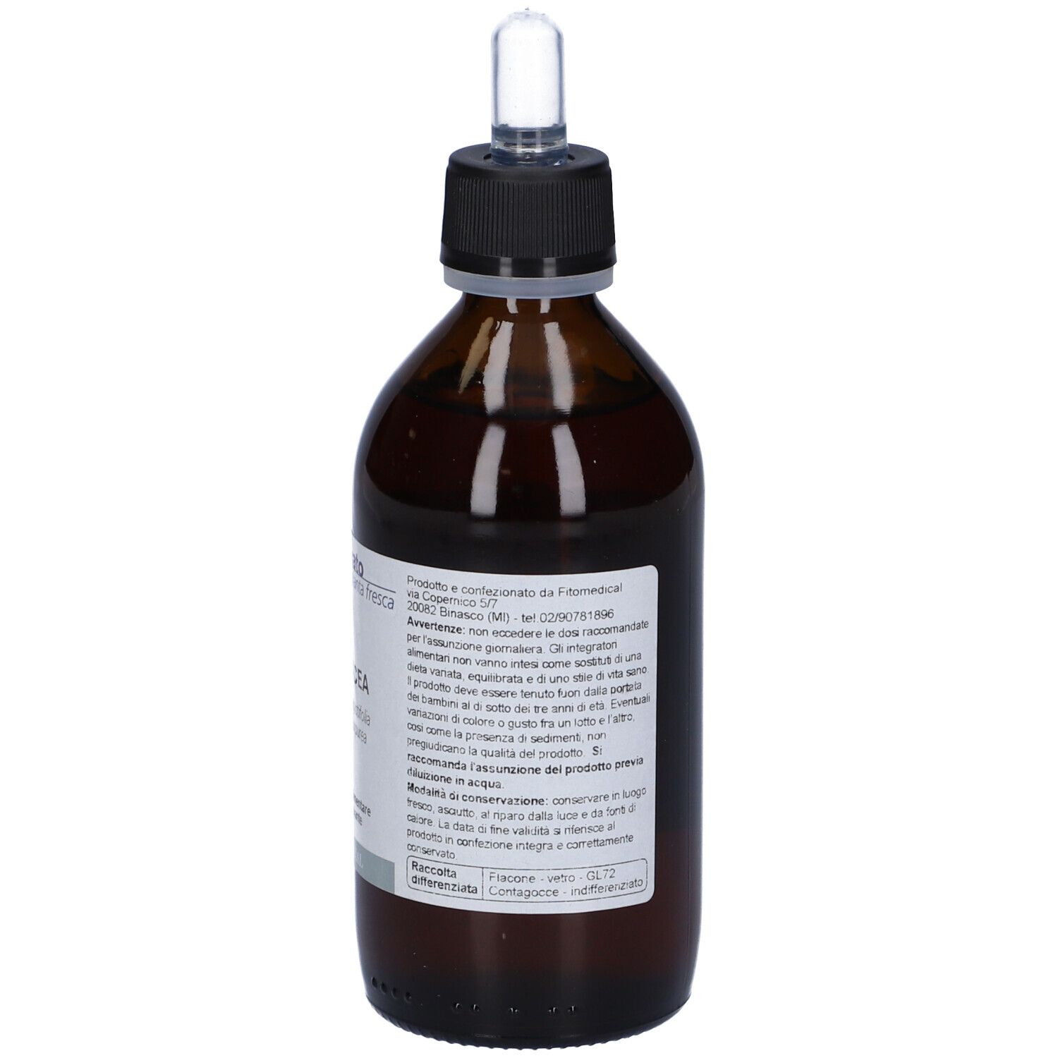 Flacon en verre brun avec bouchon noir et pipette. Étiquette avec texte.