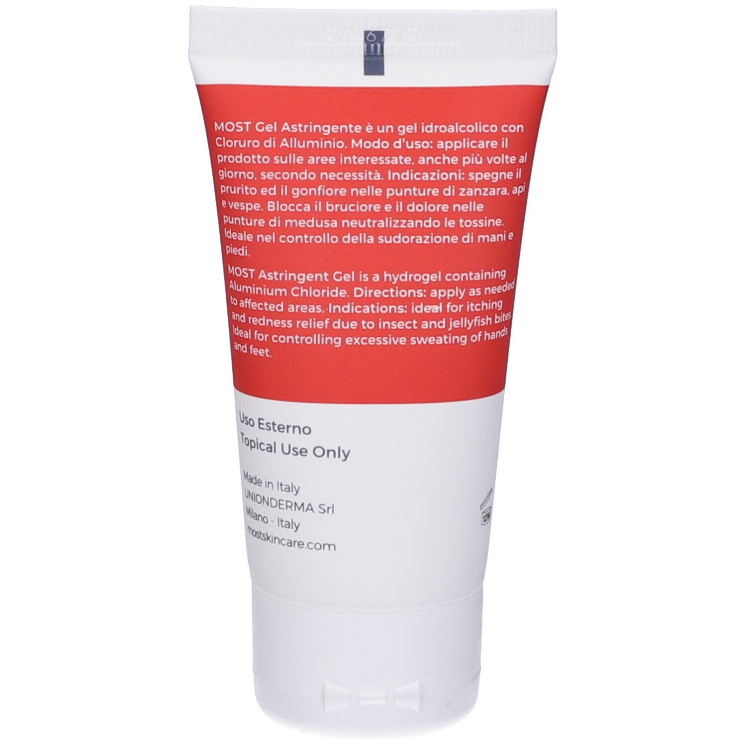Rückseite der MOST Gel Astringente Tube. Text in italienischer und englischer Sprache. Enthält Aluminiumchlorid.