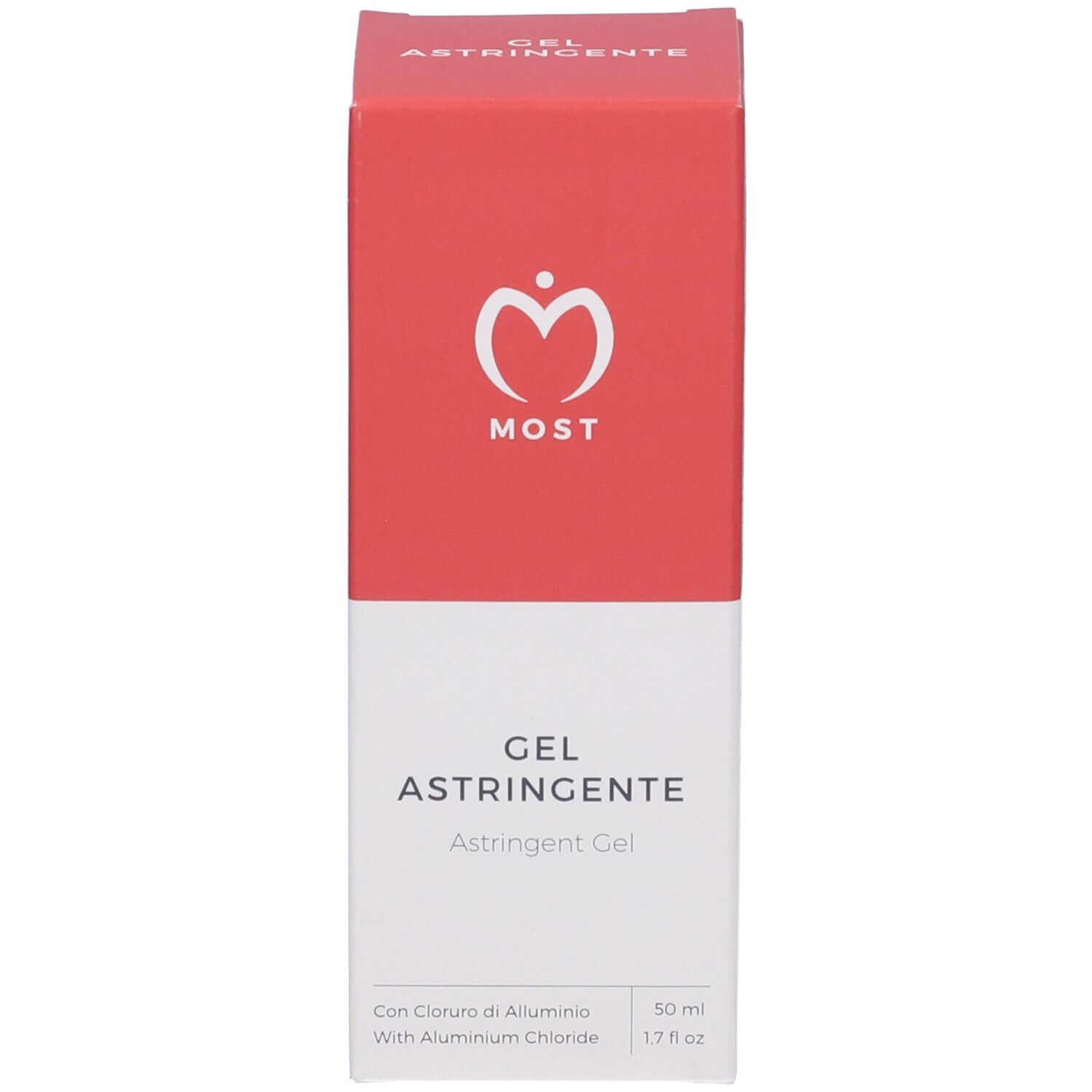 MOST Gel Astringente, Schachtel. Rote und weiße Verpackung. Produktname und Logo deutlich sichtbar.