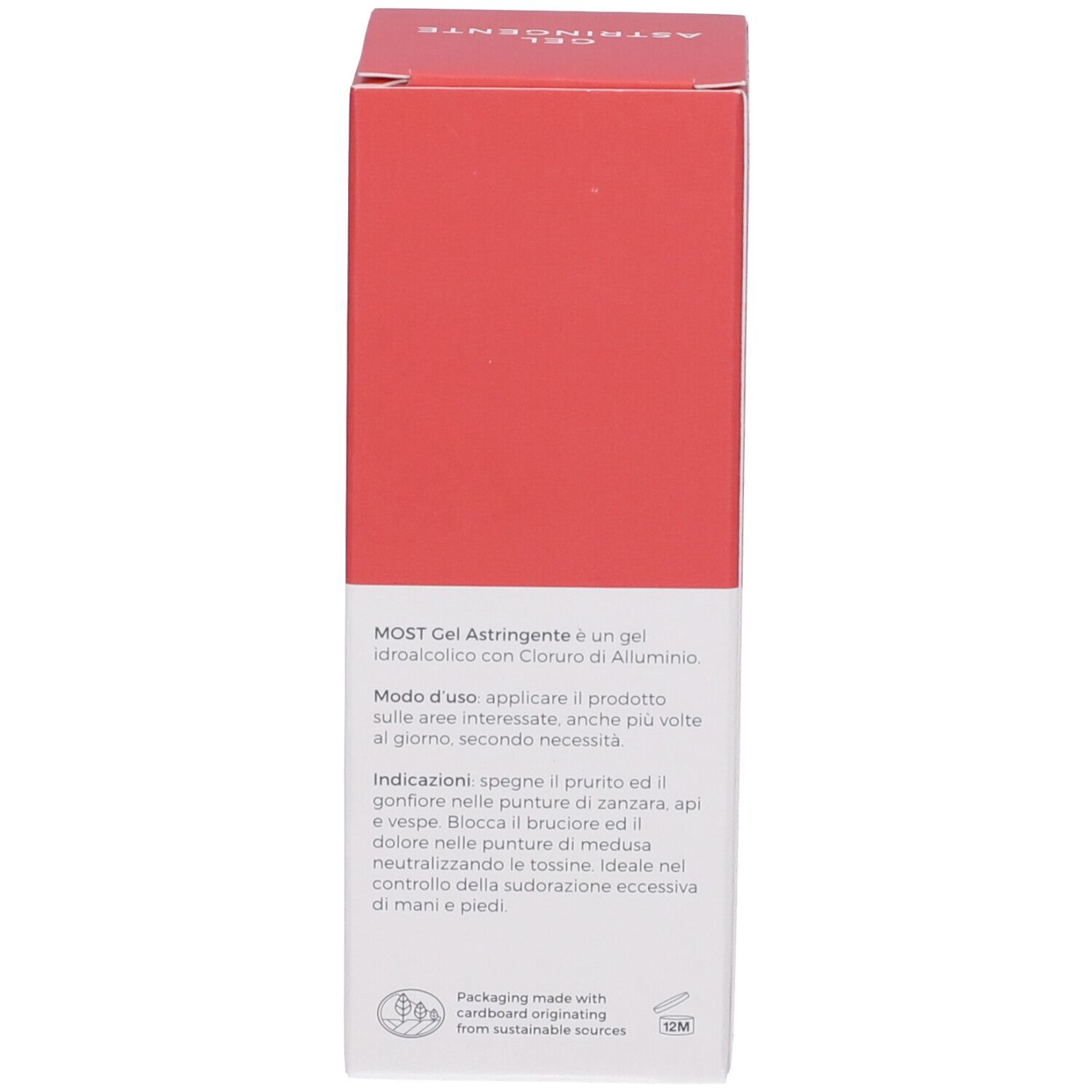 Rückseite der MOST Gel Astringente Schachtel. Text in italienischer Sprache. Gebrauchsanweisung und Hinweise.