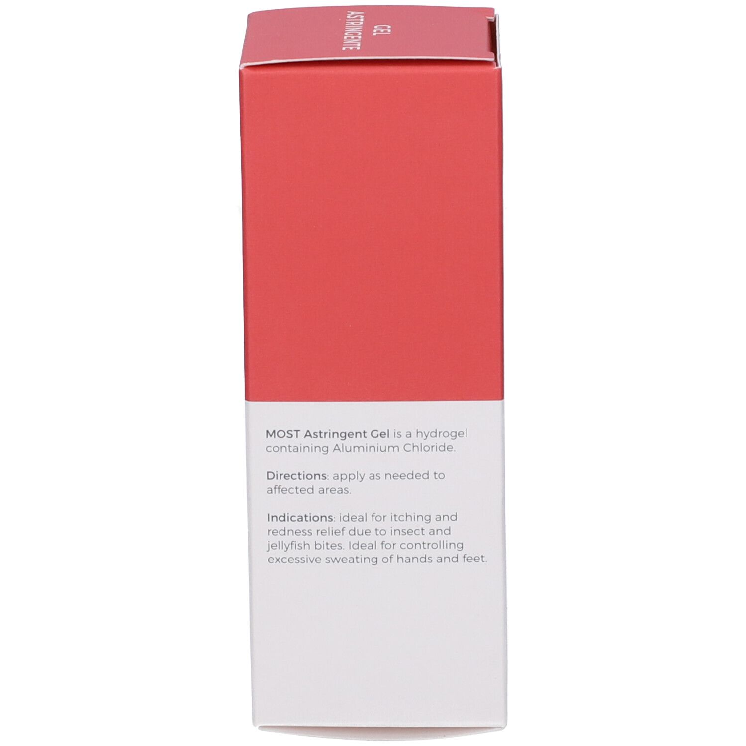 Rückseite der MOST Gel Astringente Schachtel. Text in englischer Sprache. Gebrauchsanweisung und Hinweise.