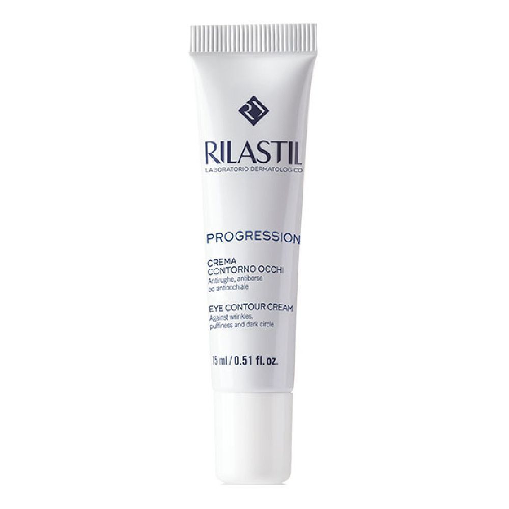 Tube blanche Rilastil. Progression, crème contour des yeux. Texte: 15 ml/0.51 fl. oz.