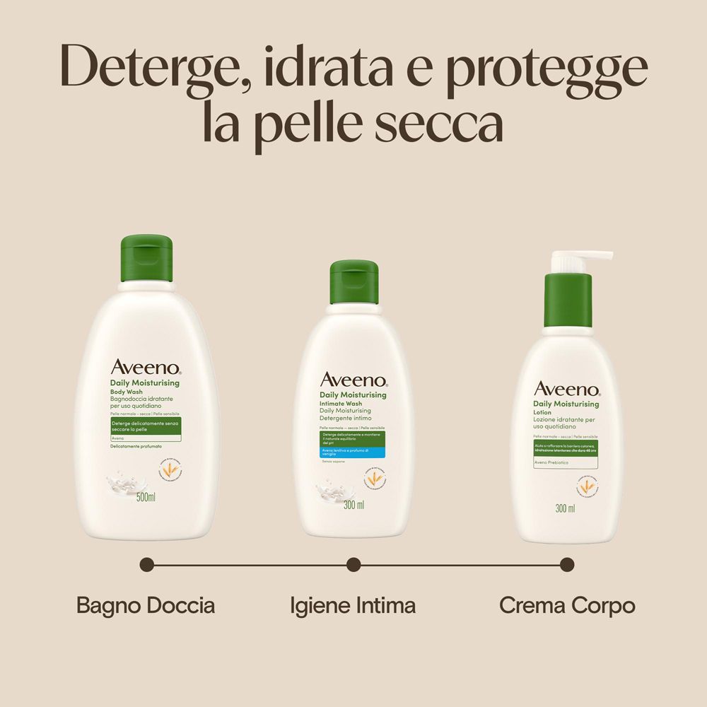 Drei Aveeno Körperpflegeprodukte: Duschgel, Intimpflege und Körpercreme.