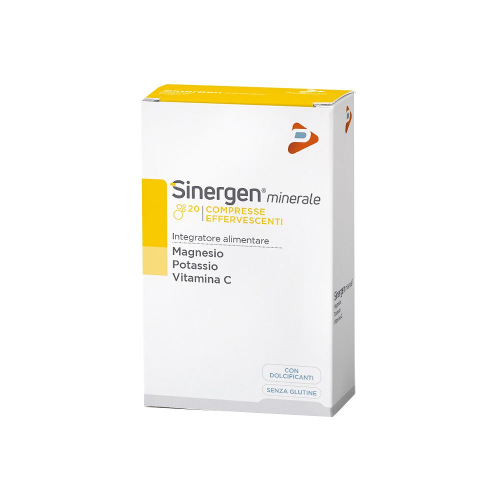 Weißer Karton mit gelben Akzenten. Aufschrift: Sinergen Minerale, 20 Brausetabletten. Enthält Magnesium, Kalium, Vitamin C.