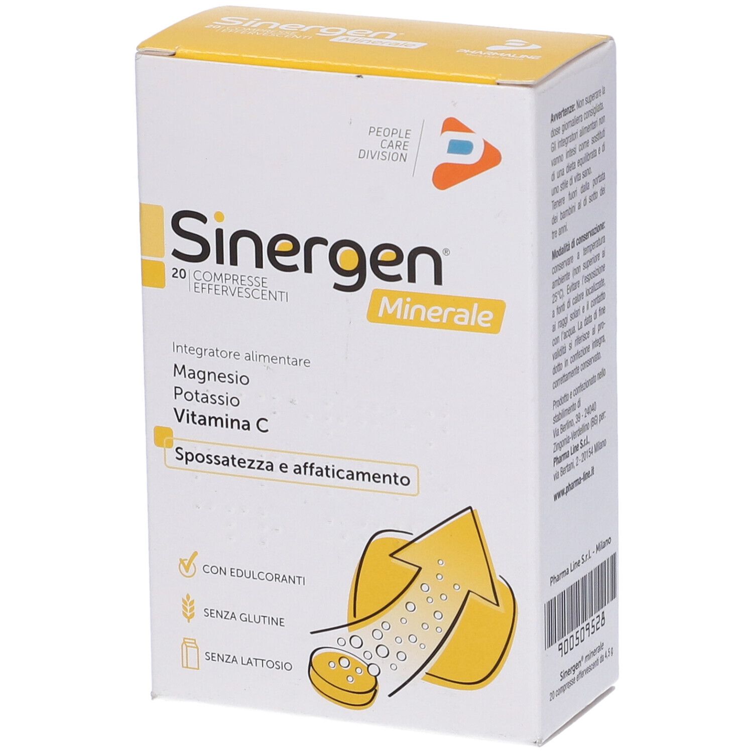 Karton mit Sinergen Minerale. Enthält 20 Brausetabletten. Aufschrift: Magnesium, Kalium, Vitamin C. Mit Süßstoffen, glutenfrei, laktosefrei.